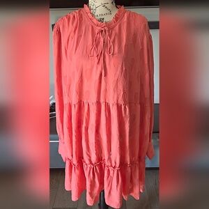 Womens Plus Size 3X Coral Long Sleeve Tiered Coral Dress with Ruffle Accent XXXL